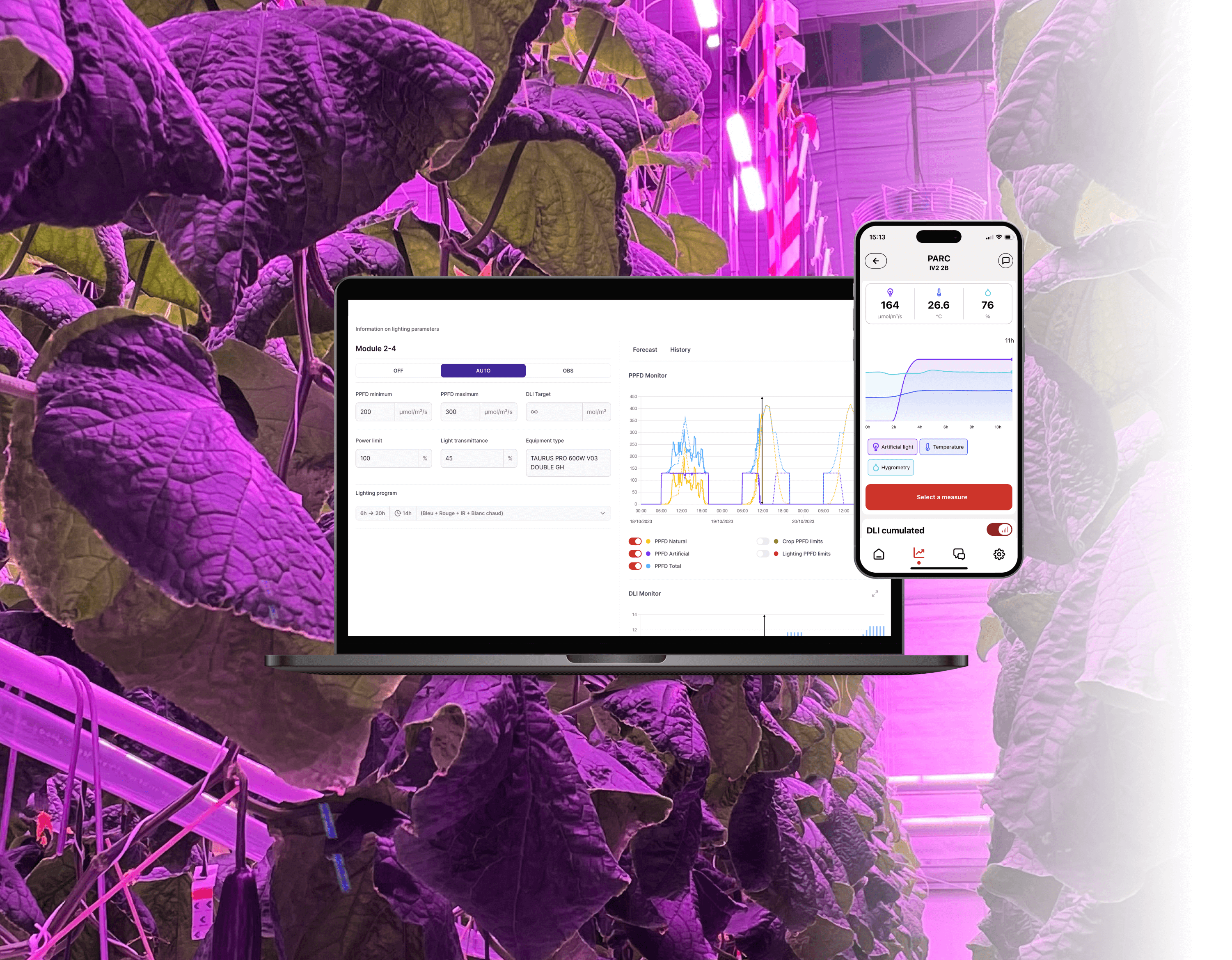 Solution d'éclairage connectée : preview MyRED sur ordi et smartphone pour automatiser l'éclairage des serres horticoles.